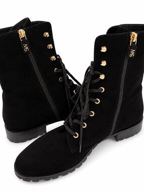 Stuart Weitzman Norrie Black Suede Combat Boots Gold Hardware Size 10.5 / 41